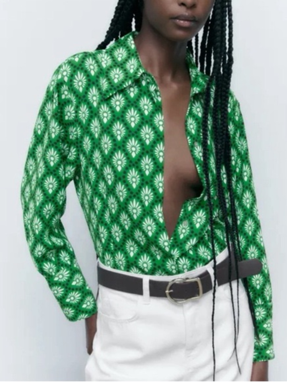 Zara Green Floral-Print Button-Down Shirt